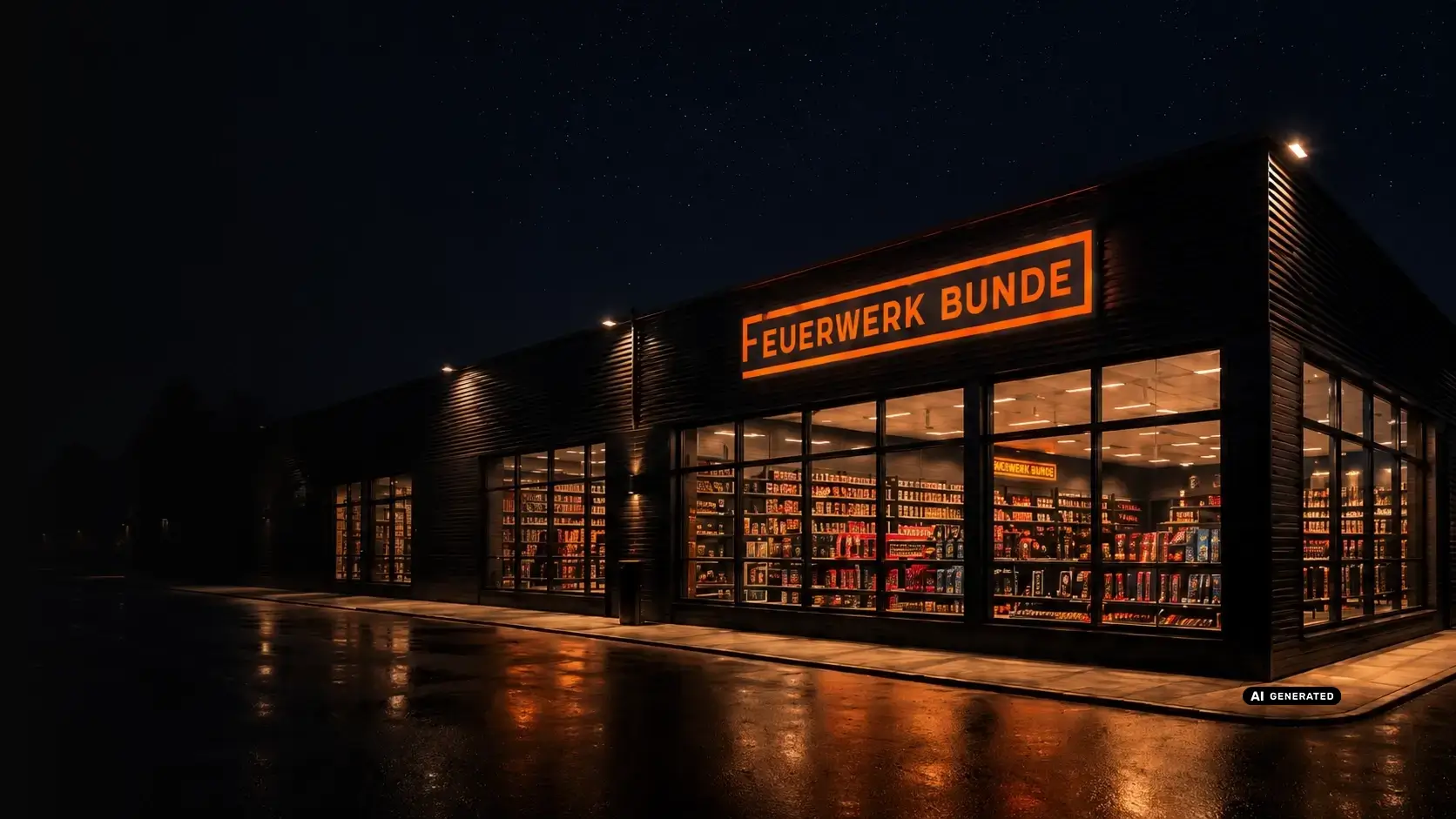 Sfeervolle AI-gegenereerde afbeelding van een Feuerwerk Bunde-winkel bij nacht